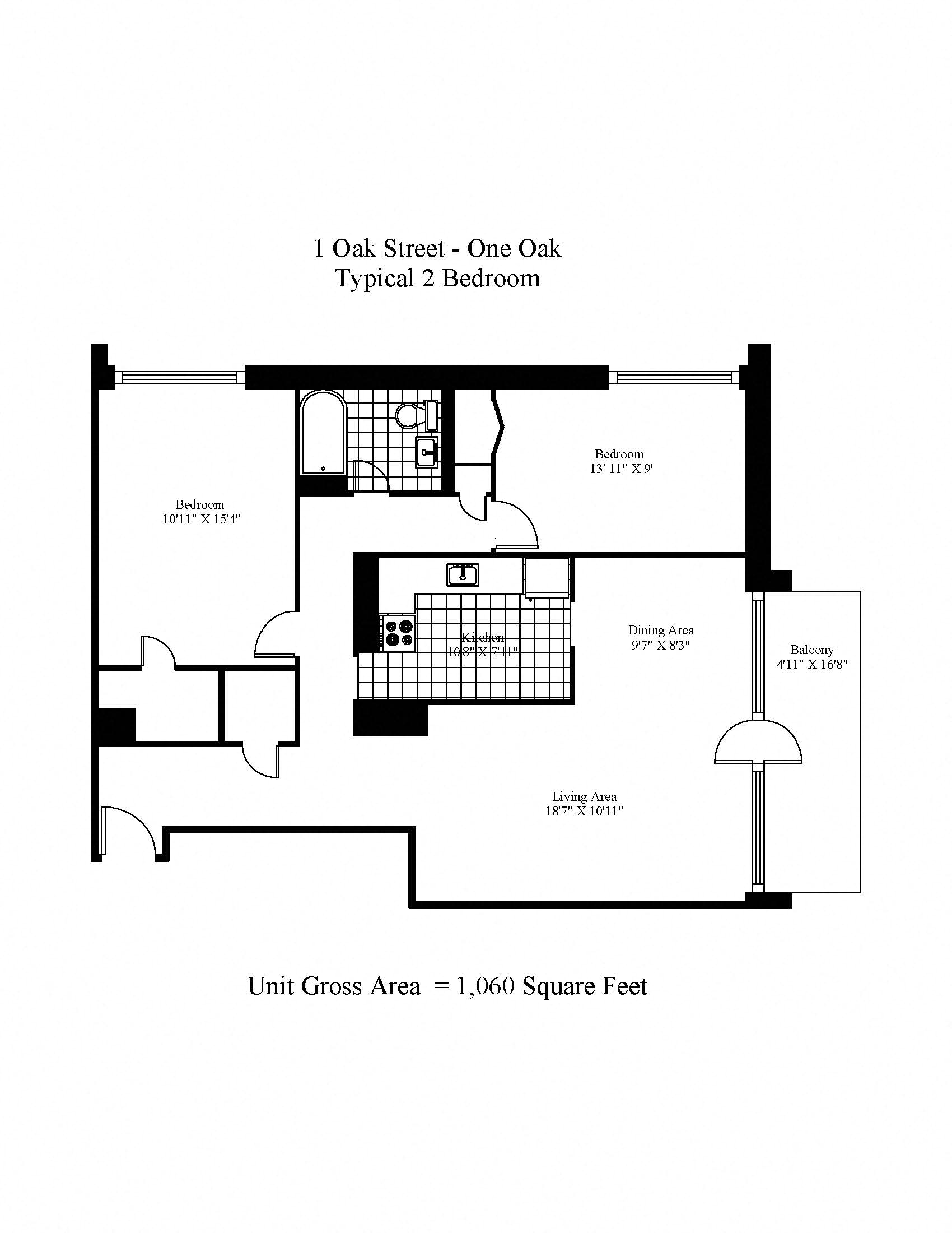 Floor plan for 2 beds, 1 bath, 1060 sqft